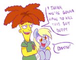 5:4 crossover derpy_hooves_(mlp) duo english_text equid equine female friendship_is_magic hasbro holding_knife holding_object horse human i_think_we're_gonna_have_to_kill_this_guy knife male mammal my_little_pony open_mouth paperbagpony pony sideshow_bob simple_background text the_simpsons white_background yellow_body yellow_skin