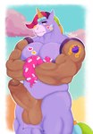 absurd_res berry_(brawl_stars) big_pecs blush bodily_fluids brawl_stars brown_body clothing costume crossed_arms dessert equid equine food hi_res horn human ice_cream male mammal mostly_nude muscular mythological_creature mythological_equine mythology pecs solo sticker supercell_(company) sweat sweatdrop tattoo unicorn zukhai