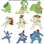 1:1 2011 anthro anthrofied bayleef big_breasts blue_body blue_skin breasts chikorita crocodilian croconaw cyndaquil dinosaur elemental_creature female feraligatr fire flora_fauna generation_2_pokemon genitals huge_breasts ignatius_husky mammal meganium multiple_images nintendo nipples non-mammal_breasts non-mammal_nipples nude plant pokemon pokemon_(species) pokemorph prehistoric_species pussy quilava reptile sauropod sauropodomorph scalie simple_background solo starter_trio tail totodile typhlosion white_background