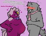 2024 5:4 ambiguous_gender anthro blush bow_tie bugsnax colored digital_drawing_(artwork) digital_media_(artwork) elizabert_megafig english_text eyewear female female/ambiguous flat_colors floofty_fizzlebean fur glasses grey_body grey_fur grumpus hi_res magenta_fur portrait pregnant pregnant_anthro pregsnax(artist) scarf simple_background stretch_marks text three-quarter_portrait young_horses