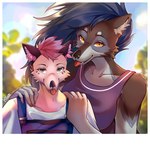 anthro blep canid canine canis daxter_wolfsky_(d4xt3r) duo eba_(myoniis) female hi_res hybrid larger_female light male male/female mammal myoniis outside park polaroid polaroid_photo selfie size_difference sun sunlight tall tongue tongue_out wolf wolfdog work_clothes