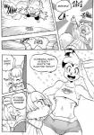 2017 anthro bottomwear breasts clothed clothing comic cookie_(furryfight_chronicles) daigaijin dialogue duo english_text female furryfight_chronicles hi_res lagomorph leporid mammal midriff monochrome muko navel rabbit rodent sciurid shirt shorts speech_bubble tank_top text topwear tree_squirrel under_boob