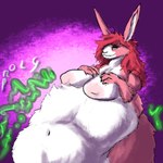 1:1 ambiguous_gender ambiguous_prey anthro anthro_pred belly big_belly big_breasts breasts female fingers fur hair hand_on_breast happy hi_res huge_belly huge_breasts lagomorph leporid lilly_(waismuth) mammal multicolored_body multicolored_fur navel nipples pink_body pink_fur pink_nipples purple_background rabbit red_hair simple_background solo unseen_prey vore waismuth