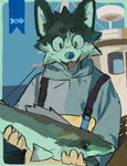 2024 absurd_res anthro apron boat canid canine circle_eyebrows clothed clothed_anthro clothed_male clothing eyebrows fingers fish front_view fur hi_res holding_fish male male_anthro mammal marine open_mouth open_smile outside portrait sea smile sneasul solo vehicle water watercraft