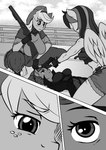 anthro anthrofied applejack_(mlp) close-up comic dog_wrangler_(oc) earth_pony equid equine female freckles friendship_is_magic gun handgun hasbro hi_res horse mammal monochrome my_little_pony mythological_creature mythological_equine mythology pegasus pia-sama pony rainbow_dash_(mlp) ranged_weapon shotgun weapon wings