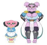 anthro armor armwear big_breasts breasts clothing dress duo fangs female generation_2_pokemon granbull green_eyes huge_breasts legwear looking_at_viewer nintendo pink_body pokeball pokemon pokemon_(species) purple_body simple_background snubbull teeth urusee584 white_background yellow_eyes