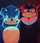 anthro black_body black_fur blue_body blue_fur chest_tuft duo electricity eulipotyphlan fur glaring glaring_at_viewer green_eyes hedgehog hi_res jasperthecrab male mammal red_eyes sega shadow_the_hedgehog sonic_the_hedgehog sonic_the_hedgehog_(series) split_screen tuft