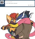 amphibian anthro anthrofied ask_blog beelzemon_(artist) clothed clothing duo english_text fan_character gael_the_scrafty generation_5_pokemon generation_6_pokemon greninja hug kissing luce_the_greninja male male/male nintendo o_o pokemon pokemon_(species) pokemorph scarf scrafty surprise text tongue tongue_out topless user_avatar