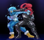 4chan_anon absurd_res anonymous_artist anthro armor avian bird breasts clothing duo female fight fish hair hi_res long_hair marine martlet_(undertale_yellow) navel punch punching_face thedarkzircon thick_thighs torn_clothing undertale_(series) undertale_yellow undyne