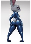 2023 anthro big_butt bodysuit breasts butt clothed clothing disney eyebrows female fingers full-length_portrait fur furgonomics glistening glistening_clothing grey_body grey_fur hand_on_butt hi_res judy_hopps lagomorph latex latex_clothing latex_skinsuit leporid long_ears looking_at_viewer looking_back looking_back_at_viewer mammal multicolored_body multicolored_fur portrait purple_eyes qupostuv35 rabbit rubber_clothing scut_tail short_tail simple_background skinsuit smile smiling_at_viewer solo standing tail thick_thighs tight_clothing two_tone_body two_tone_fur white_body white_fur zootopia