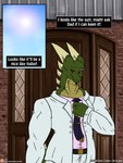 2017 anthro belt bottomwear building clothing colored comic door dragon english_text hi_res horn house if_hell_had_a_taste male muscular muscular_anthro muscular_male mythological_creature mythological_scalie mythology necktie pants red_eyes scales scalie scar sky skylar_fidchell solo suit suit_and_tie sun text url viroveteruscy yellow_sclera