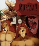 anthro anthrofied athletic athletic_anthro athletic_male bodily_fluids cave comic dialogue digital_media_(artwork) disney duo english_text fur hair hi_res male mammal maoochao nipples open_mouth pecs saliva saliva_string screaming speech_bubble standing teeth text the_lion_king tongue