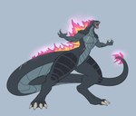 2024 absurd_res alorix ammyzilla_(alorix) anthro claws digitigrade fan_character female full-length_portrait glowing glowing_spikes godzilla godzilla_(series) hi_res kaiju monster pink_spikes portrait roaring scalie scar sibling_(lore) simple_background sister_(lore) solo spikes tail thick_tail thick_thighs toho yellow_eyes