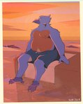 anthro avian beach bird bluebird clothing eastern_bluebird hi_res male neptune_mereaux numijulie oscine overweight passerine slightly_chubby solo sunset swimming_trunks swimwear thrush_(bird) towel