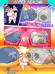 3:4 anthro audino big_breasts bodily_fluids breasts clothed clothing comic digital_media_(artwork) ellipsis female female/female generation_2_pokemon generation_5_pokemon generation_8_pokemon goopyarts group headgear heart_symbol hi_res huge_breasts hyper hyper_breasts lactating mareep nintendo nipples nude nurse nurse_clothing nurse_uniform open_mouth patient pokemon pokemon_(species) raina_(goopyarts) slightly_chubby stonjourner thick_thighs uniform wide_hips