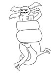 2_toes 3:4 4_ears absurd_res anthro balls bound chest_tuft claws coiling eyes_closed feet genitals hi_res looking_pleasured male monochrome multi_ear penis smile solo tail tentacle_coil tentacles toe_claws toes tuft unknown_species watermellonqwerty