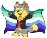 anthro black_nose blue_eyes brown_pawpads canid canine canis chibi cute_fangs danger_alex_draw eyewear flag fur glasses grey_body grey_eyes happy heterochromia hi_res lgbt_pride male mammal pawpads paws pride_color_flag pride_colors rainbow_flag rainbow_pride_flag rainbow_symbol raised_paw semi-anthro smile solo vincian_pride_colors white_fangs wolf yellow_body yellow_fur