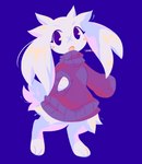 absurd_res anthro blue_background blue_clothing blue_sweater blue_topwear blush blush_stickers bottomless cave_story clothed clothing digital_drawing_(artwork) digital_media_(artwork) facial_scar female floppy_ears fluffy fluffy_ears fluffy_tail front_view fur fur_tuft head_tuft hi_res lagomorph leg_tuft leporid lineless looking_at_viewer lop_ears mammal mimiga open_mouth rabbit scar shaded shanecerity signature simple_background smile solo sue_sakamoto sweater tail topwear tuft white_body white_fur