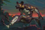 2024 3:2 african_wild_dog amber_eyes anthro biceps biped black_nose black_pawpads canid canine claws digitigrade fangs feet finger_claws fur hi_res hindpaw jumping male mammal motion_blur multicolored_body multicolored_fur muscular muscular_male nipples nude pawpads paws pecs running signature solo tail taran_fiddler teeth toe_claws weretober