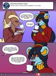 anthro beverage clothing comic container cup dialogue duo english_text eyewear female generation_4_pokemon glasses lopunny luxray matilda_the_lopunny misunderstanding nintendo pokemon pokemon_(species) round_glasses sketchybug smile sweater tamayo_the_luxray tea tea_cup text topwear