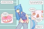 3:2 animal_humanoid blue_hair blush blush_lines bottomwear bow_panties bow_underwear bra bra_strap breasts cake cat_humanoid clothing comic dessert dialogue english_text felid felid_humanoid feline feline_humanoid female food green_eyes hair humanoid inner_monologue mammal mammal_humanoid myu_(pixiveo) panties pants pastry pink_bra pink_clothing pink_panties pink_underwear pixiveo shirt smile solo speech_bubble standing tail text thinking topwear underwear