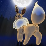 1:1 big_butt butt butt_focus c2d2 canid colored digital_drawing_(artwork) digital_media_(artwork) eevee female feral fluffy fluffy_tail forest generation_1_pokemon huge_butt looking_at_viewer looking_back mammal moon night nintendo plant pokemon pokemon_(species) purple_eyes shaded sky solo sparkles star tail thick_thighs tree