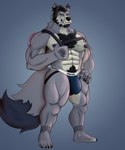 abs anthro azcein beard big_muscles canid canine canis clothing ear_piercing facial_hair hi_res jockstrap male mammal muscular navel nipples pecs piercing pubes quads simple_background solo tattoo tusks underwear wolf