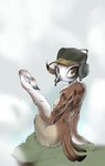 anthro arm_tuft avian beak bird black_beak breasts brown_body brown_eyes brown_feathers butt chest_tuft clothing countershade_arms countershade_face countershade_feathers countershade_torso countershading elbow_tuft feather_hands feather_markings feathers female full-length_portrait hat hat_only headgear headgear_only headset_microphone headwear headwear_only kakite looking_back markings mostly_nude non-mammal_breasts nude oscine passerine portrait rear_view sitting small_breasts solo sparrow sukaroow_(kakite) tail tail_feathers tuft white_markings