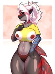 3:4 anthro big_breasts breasts bulging_smiley_shirt_meme female fish hair hi_res marine pink_kutal23 ponytail shark solo tattoo thick_thighs