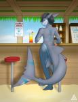 alcohol anthro bar beach beverage bikini bikini_bottom bikini_top blue_eyes blush bulge cherry clothed clothing crossdressing digital_media_(artwork) femboy fish flower food fruit gamma052 hair hi_res isimir_(gamma052) jewelry lemon looking_at_viewer looking_back male marine necklace plant sand seaside shark smile solo standing swimwear two-piece_swimsuit