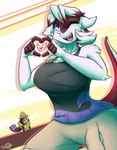 2019 5_fingers aegislash anthro artist_name breasts chesnaught clothed clothing digital_media_(artwork) duo durandel_(gaias-pitch-black-reborn-crow) elisa_(gaias-pitch-black-reborn-crow) english_text female fingers fur generation_6_pokemon hair heart_symbol hi_res latiar male mouth_closed nintendo number one_eye_closed open_mouth open_smile pokemon pokemon_(species) pupils purple_eyes purple_sclera sharp_teeth smile tail teeth text tongue white_pupils white_sclera