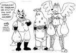 2023 black_and_white canid canine canis clothed clothing deer dialogue english_text estvan_silverbrush eyes_closed feathered_wings feathers female fox grey_fox group halloween holidays jewelry male mammal midriff monochrome navel necklace tail tegerio text trio urocyon whiskers wings wolf wolf_queen_(eocostello)