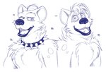 anthro anti_dev arthropod body_hair chest_tuft collar den_of_doom duo fangs fly_(animal) fur hair hi_res hyena insect itv line_art lips male male/male mammal open_mouth puppet puppets scratch_(itv) simple_background smile sniff_(itv) spotted_hyena teeth thick_lips tongue tuft