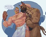 abs anthro apron apron_only armpit_hair beard benoitxie big_muscles big_pecs big_penis blonde_hair bodily_fluids body_hair canid canine canis chest_hair clothing domestic_dog drooling drumstick_(food) duo eyewear facial_hair food genitals glasses great_dane hair hairy hi_res holding_food holding_meat holding_object holding_partner human human_on_anthro interspecies larger_anthro larger_male male male/male mammal mastiff meat molosser muscular muscular_anthro muscular_human muscular_male mustache navel nipples nude pecs penis pubes saliva size_difference tail tail_motion tailwag