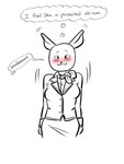 3:4 anthro ascot beastars blood blush bodily_fluids bottomwear breasts buttoned_clothing clothed clothing domestic_rabbit dress_shirt dress_uniform dwarf_rabbit female front_view haru_(beastars) hi_res jacket lagomorph leporid mammal monochrome motion_lines mutedlavender nosebleed oryctolagus portrait rabbit shirt simple_background skirt smile solo text thought_bubble three-quarter_portrait topwear