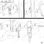 1:1 anthro backpack black_and_white bottomwear bovid butt caprine clothed clothing comic denim denim_bottomwear denim_clothing denim_shorts digital_drawing_(artwork) digital_media_(artwork) domestic_sheep duo english_text female forest fully_clothed hair hiding hiding_behind_tree looking_at_another male mammal monochrome outside peeping plant rear_view sheep shirt shorts shrub side_view sign slypon solo_focus stalking tail text time_skip tom_(ehs) topwear tree walking