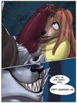 aiva_(ivywoof) animal_genitalia animal_penis anthro bodily_fluids canid canine canine_genitalia canine_penis canis clothing comic death_(puss_in_boots) devious devious_grin dialogue domestic_dog dreamworks duo female genital_fluids genitals green_eyes grin hi_res imminent_rape imminent_sex ivywoof male male/female mammal penis penis_on_face precum puss_in_boots_(franchise) questionable_consent shirt smile speech_bubble text topwear wolf