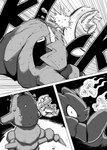 2024 3_panel_comic ambiguous_gender claws clenched_teeth comic digital_media_(artwork) duo female fight generation_1_pokemon generation_2_pokemon hi_res looking_at_another midair monochrome motion_lines nidoqueen nintendo page_number pokemon pokemon_(species) punch queenie_(shoutingisfun) rock shoutingisfun sound_effects steelix teeth white_sclera