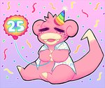 1_toe 2017 4_fingers anthro balloon birthday chot_(slowpoke_form) chotpot claws clothing colored confetti digital_drawing_(artwork) digital_media_(artwork) dipstick_tail dress_shirt eyes_closed fan_character fangs finger_claws fingers freckled_face freckles generation_1_pokemon gradient_background hat headgear headwear holding_balloon inflatable light lighting long_tail male male_anthro markings multicolored_body multicolored_skin nintendo open_dress_shirt open_mouth outline party_hat pattern_clothing pattern_shirt pattern_topwear pink_body pink_skin pink_tail pink_tongue pokemon pokemon_(species) purple_background relaxed_expression relaxing shaded shirt simple_background sitting slowpoke solo tail tail_markings tan_body tan_claws tan_skin tan_tail_tip teeth toe_claws tongue topwear two_tone_body two_tone_skin white_dress_shirt white_outline