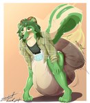 absurd_res anthro bent_over big_diaper blush breck_(nrajoush) clothed clothing diaper dragon extremius_amphibious feces front_view fur green_body green_fur hands_on_knees hands_on_legs hi_res huge_diaper male mammal mephitid messy messy_diaper mythological_creature mythological_scalie mythology open_clothing open_mouth open_shirt open_topwear pooping raised_tail scalie shirt skunk skunk_spray smelly smile soiled_diaper soiling soiling_diaper solo standing stink_fumes tail topwear transformation unclean_diaper used_diaper