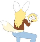 2024 anthro blonde_hair bottomwear brown_eyes butt butt_cleavage canid canine clothed clothing crouching embarrassed female fennec_fox fox fur hair hi_res long_hair mammal naked_penny no_underwear pants penny_fenmore sketch solo tan_body true_fox