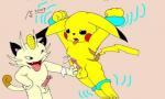 2003 animal_genitalia anthro bdsm better_version_at_source bodily_fluids bondage bound cum dominant dominant_male duo erection fondling fur generation_1_pokemon genital_fluids genitals humanoid_genitalia humanoid_penis low_res male male/male mammal meowth nintendo penis pikachu pokemon pokemon_(species) rave_roo rodent sheath submissive submissive_male yellow_body yellow_fur