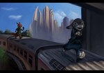 anthro canid canine clothing cloud conditional_dnp detailed_background disney duo female fox fur judy_hopps lagomorph latex_(artist) leporid male mammal nick_wilde paws plantigrade police police_uniform rabbit red_fox running train true_fox uniform vehicle zootopia