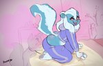 ahegao anon anthro blue_body blue_fur bottomwear butt_sniffing canid clothed clothing collar duo female fur hi_res leash looking_pleasured male male/female mammal mephitid owle pants skunk sniffing tongue tongue_out yoga_pants