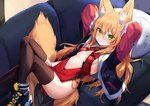 2021 animal_humanoid blonde_hair blush breasts canid canid_humanoid canine canine_humanoid clothed clothing female footwear fox_humanoid frown fur furniture green_eyes hair hands_behind_head humanoid inner_ear_fluff inside jacket kokonoe_tsubaki konozawa legwear looking_at_viewer looking_up lying mammal mammal_humanoid on_back pillow shoes skimpy small_breasts sofa solo tan_body tan_fur thigh_highs topwear tuft