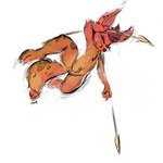 1:1 anthro big_ears brown_hair dipstick_tail eyes_closed featureless_crotch fur grin hair hi_res holding_melee_weapon holding_object holding_polearm holding_spear holding_weapon inner_ear_fluff male markings melee_weapon nude orange_body orange_fur orange_inner_ear_fluff oselotti polearm short_hair signature simple_background smile solo spear species_request tail tail_markings tuft weapon white_background