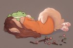 2024 anthro barefoot biped brown_hair canid canine canis clothed clothing cotton_(yshanii) digital_drawing_(artwork) digital_media_(artwork) dingo feet fur hair hi_res hindpaw holding_object holding_plushie lying_on_ground mammal on_ground orange_clothing orange_shirt orange_topwear pawpads paws pink_pawpads plushie rear_view shirt solo tan_body tan_fur topwear yshanii