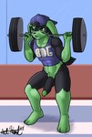 anthro backwards_cap bear213 black_body black_fur clothing crop_top exercise fur green_body green_fur hi_res lagomorph leporid male mammal nude rabbit shirt solo topwear weights workout