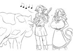 animal_humanoid big_breasts black_and_white blush blush_lines bovid bovid_humanoid bovine bovine_humanoid breast_expansion breasts cattle cattle_humanoid clothing expansion eyes_closed female feral group hair hat headgear headwear horn horned_humanoid hucow huge_breasts humanoid humanoid_pointy_ears hylian link male malon mammal mammal_humanoid monochrome musical_instrument musical_note musical_symbol nintendo ocarina ocarina_of_time one_eye_closed open_mouth pointy_ears pointy_hat sepiascribe simple_background species_transformation standing symbol tail teats the_legend_of_zelda transformation trio udders wide_eyed wind_instrument