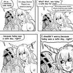 1:1 absurd_res arknights baalbuddy breasts comic duo english_text female hair hi_res horn horned_humanoid human human_on_humanoid humanoid humanoid_pointy_ears humor hypergryph interspecies male male/female mammal monochrome nipples not_furry pointy_ears shining_(arknights) studio_montagne text